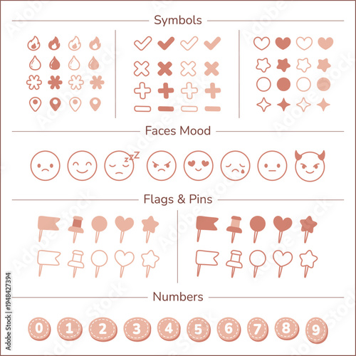 Planner Tracker Icons and Symbols, Mood Faces, Flags, and Numbers for Bullet Journal Dark Peach 