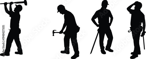 Construction worker silhouettes with hammer and tools, professional builders and repair technicians, industrial labor team isolated for building, engineering and maintenance work