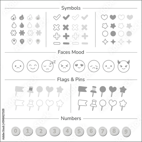 Planner Tracker Icons and Symbols, Mood Faces, Flags, and Numbers for Bullet Journal Gray 