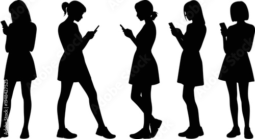 Flat vector illustration of smartphone user silhouettes, modern lifestyle, digital addiction, mobile technology, communication, social media, people concept art