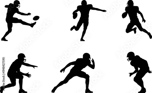 Flat vector illustration of American football player silhouettes, dynamic sports action, running, catching, kicking, defending, athletic competition, game concept art