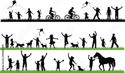 Children playing silhouettes set, kids flying kite cycling with dog horse outdoor activity happy childhood family leisure nature grass