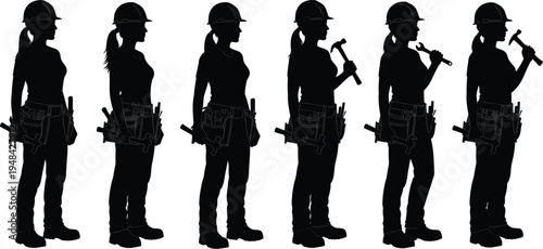 construction, worker, woman, builder, engineer, helmet, toolbelt, hammer, silhouette, female, contractor, labor, industry, profession, safety, workforce, builder woman, construction worker, i
