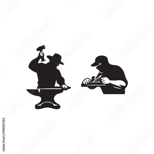 Professional craftsman silhouettes featuring a blacksmith and woodworker.