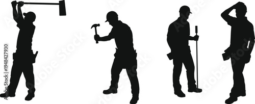 Construction worker silhouettes with sledgehammer, hammer and tools, professional builders and repair technicians, industrial labor team isolated for building and engineering projects