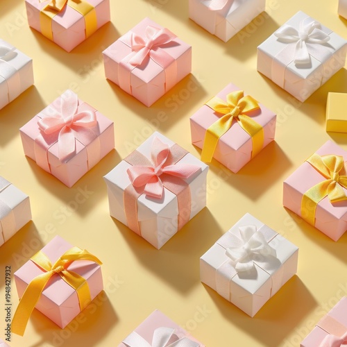 Colorful gift boxes with bows arranged in a pattern on a pastel backgr