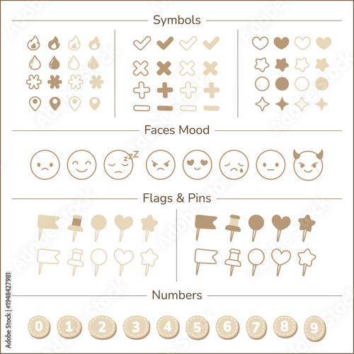 Planner Tracker Icons and Symbols, Mood Faces, Flags, and Numbers for Bullet Journal Beige 