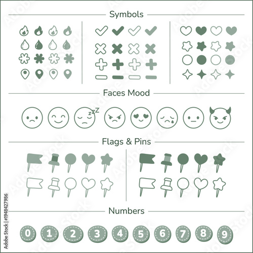 Planner Tracker Icons and Symbols, Mood Faces, Flags, and Numbers for Bullet Journal Dark Green 