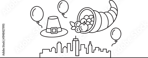 turkey pilgrim hat and cornucopia balloons over city. one line art icon drawing vector