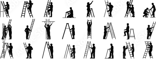 Ladder worker silhouettes collection, construction and maintenance workers using ladders with tools, professional repair and building labor team isolated vector set
