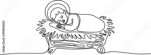 the Jesus Christ baby in a manger. Continuous line christmas feeder for animals icon. one line art icon drawing vector