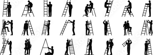 Ladder worker silhouettes set, construction and maintenance workers climbing ladders with tools, professional repair and building labor team isolated vector collection