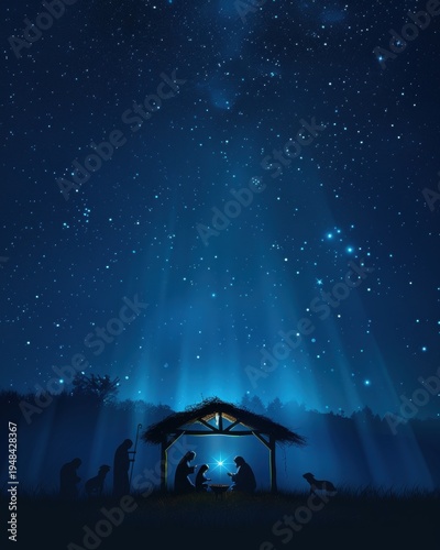Nativity Scene with Guiding Star and Silhouettes at Night