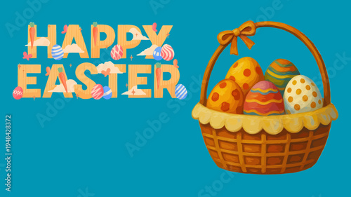 Easter basket with eggs and happy easter greeting