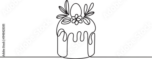 Easter cake with dripping icing, decorated with leaves, an egg, and a flower. one line art icon drawing vector