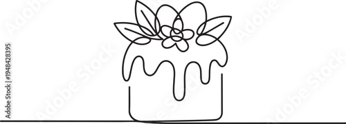 Easter cake with dripping icing, decorated with leaves, an egg, and a flower. one line art icon drawing vector