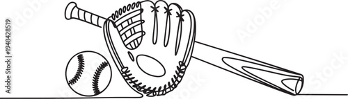 baseball glove, ball, and bat, showcasing sports equipment in a simple artistic style. one line art icon drawing vector