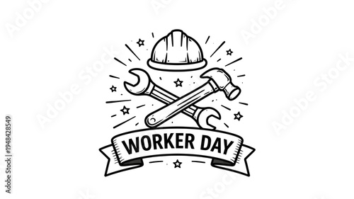 Worker day labor celebration emblem with tools