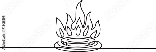 gas stove burner with flames. Minimal continuous line art for kitchen, cooking, and energy concept with copy space.  one line art icon drawing vector