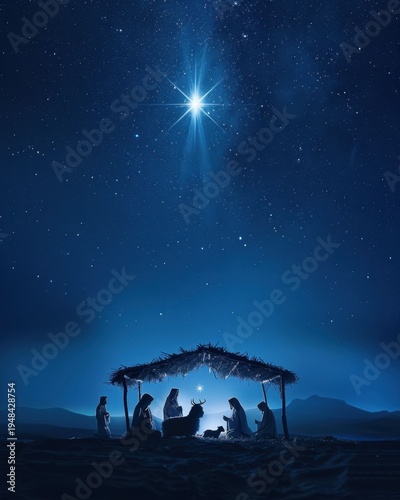 Nativity Scene with Guiding Star and Holy Family at Night