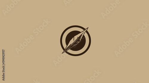 A feather-shaped illustration within concentric circles, on a neutral, tan-brown background