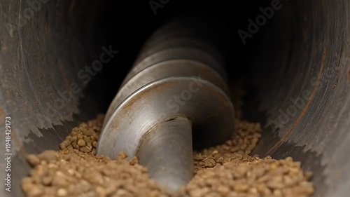 Close up of industrial screw conveyor transporting grains or seeds