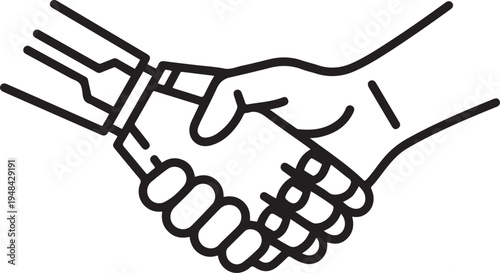 robot hand and human hand deal handshake future tense business. one line art icon drawing vector