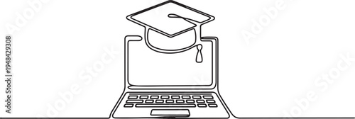 laptop online graduation cap school lifestyle. one line art icon drawing vector