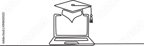 laptop online graduation cap school lifestyle. one line art icon drawing vector