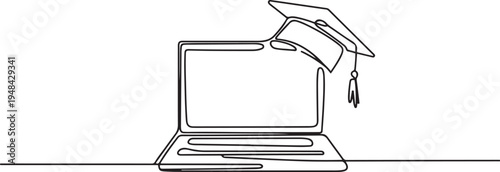 laptop online graduation cap school lifestyle. one line art icon drawing vector