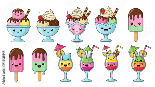 Colorful cartoon ice cream and cocktail drinks set on white background