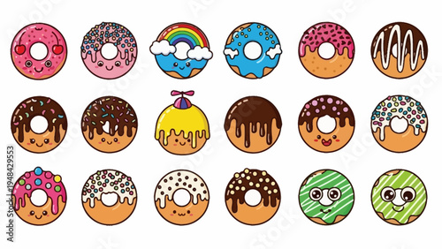Colorful cartoon donuts with various toppings isolated on white background