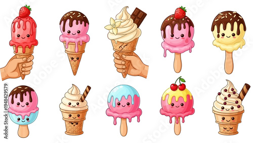 Colorful cartoon ice cream cones and popsicles with happy smiling faces