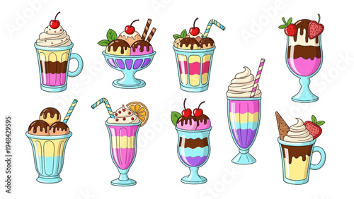 Colorful cartoon ice cream sundaes and desserts assortment collection
