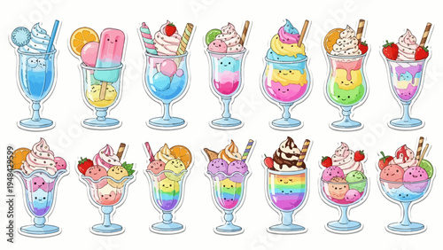 Colorful cartoon ice cream sundaes and desserts assortment illustration
