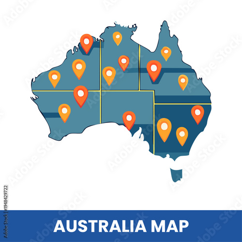 Australia Map With Location Pin Icons Vector Illustration