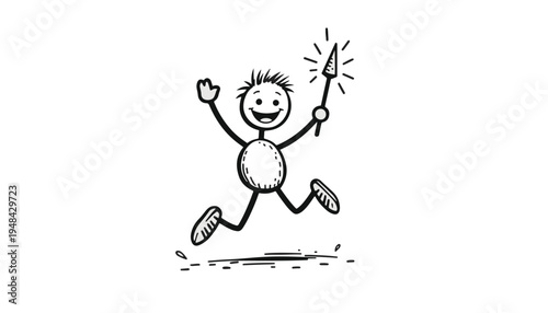 Happy stick figure jumping with a sparkler celebration
