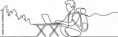 person man nature camping table laptop using backpack lifestyle. one line art icon drawing vector