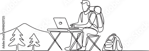 person man nature camping table laptop using backpack lifestyle. one line art icon drawing vector