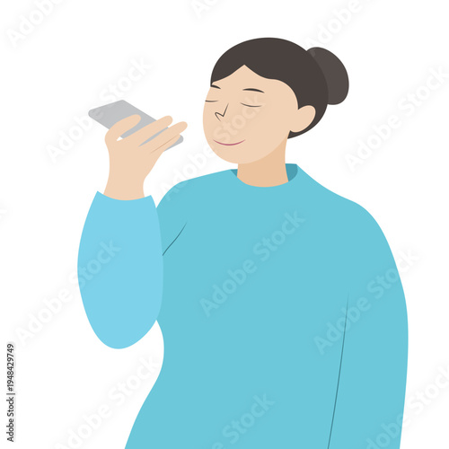 Cartoon girl with a phone in her hand, talking into the phone speaker, isolate on a white background, flat style