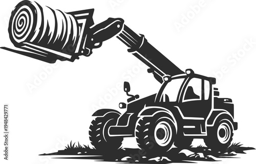 Telehandler Lifting Hay Bale Illustration, Farm Loader Machine Line Art Vector.