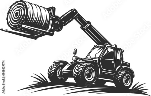 Telehandler Lifting Hay Bale Illustration, Farm Loader Machine Line Art Vector.