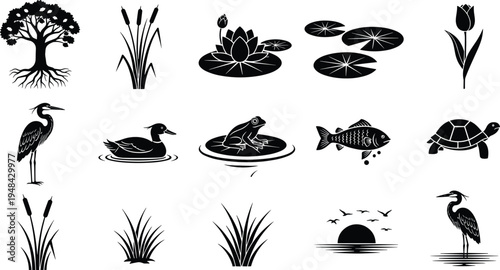 Black silhouette illustration of wetland ecosystem featuring trees, cattails, water lilies, heron, duck, frogs, fish, turtle, reeds, and cityscape sunset with birds.