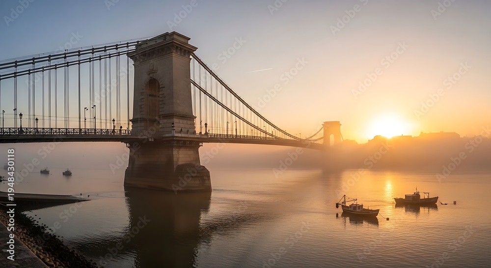 Fototapeta premium Suspension bridge over calm water at sunrise with boats 1