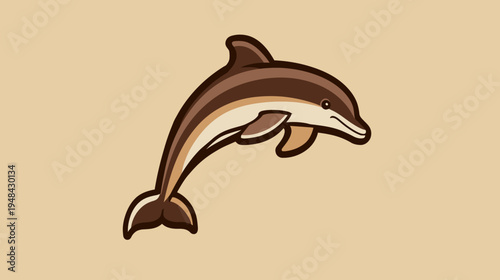 Brown and beige illustration of a leaping dolphin on a neutral, pale yellow background