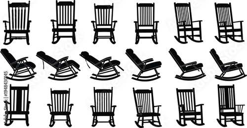 PrintBlack silhouette illustration showing multiple rocking chair designs in various styles and angles, furniture comparison artwork, interior design concept, catalog presentation for home decor