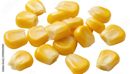 Tableau sur toile Bright yellow sweet corn kernels, fresh and juicy, scattered and isolated on tra