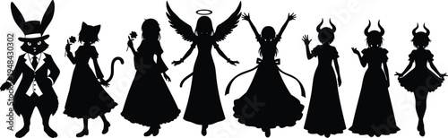 Black silhouette lineup of fantasy and anthropomorphic characters including rabbit, cat, angel, horned figures, and mystical designs for creative artwork and character illustration