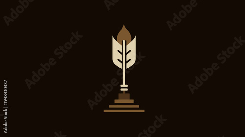 A stylized quill pen with a flame or leaf at the top set on a tiered platform