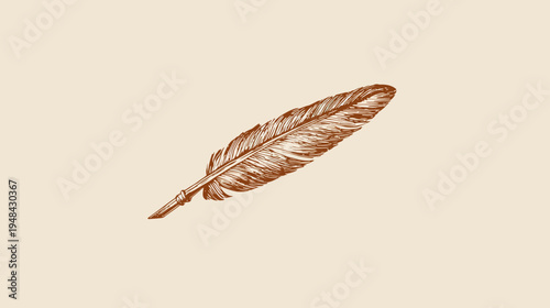 A detailed illustration of a quill pen, rendered in a vintage style, against a beige backdrop